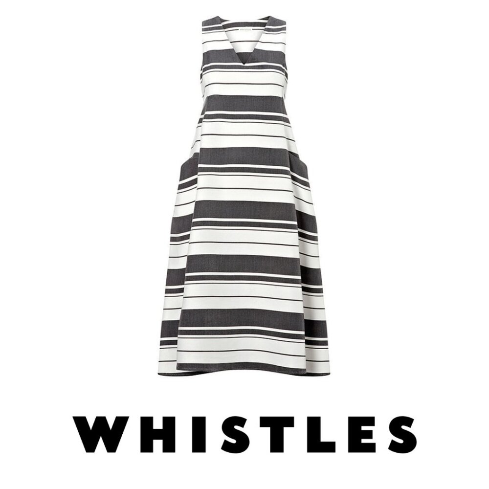 WHISTLES Hayley Stripe Midi Dress Minimalist Lagenlook‎ Pockets Capsule Wardrobe